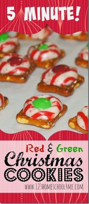 While these are not technically cookies, they are such a pretty and easy red and green christmas desserts.  You can make these striking red and green desserts in just 5 minutes! My kids call these red and green christmas cookies, but really they are just pretzels, stripped peppermint hershey kisses, and holiday m&m candies.  I love that kids can help you with almost every step of these quick red and green snacks.