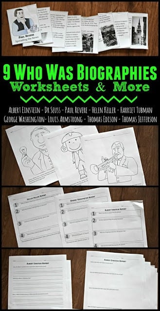 Make sure kids have good reading comprehension as as they read biographies about famous Americans with these who was series worksheets, coloring sheets, mini books, and study guides for elementary age kids. Use these who was books printables for first grade, 2nd grade, 3rd grade, and 4th graders. We have study guides for Albert Einstein, Dr. Seuss, George Washington, Harriet Tubman, Helen Keller, Louis Armstrong, Paul Revere, Thomas Edison, and Thomas Jefferson. Simply print the who was worksheets and you are ready to play and learn.