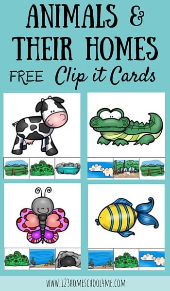 FREE Printable Animal Homes for Kids Clip it Cards