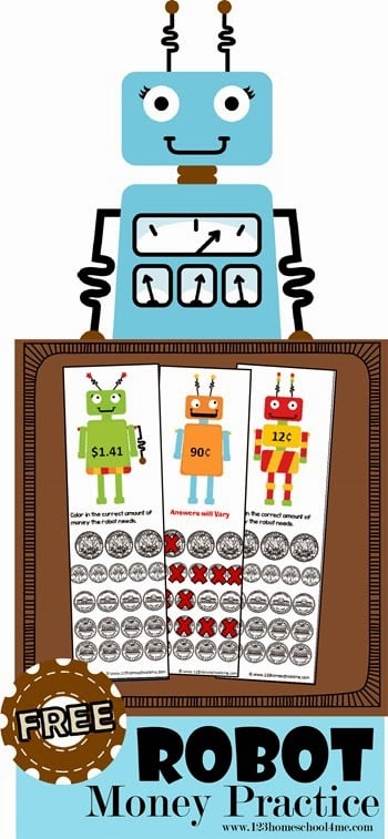 Robot Money Practice - free printable to help kids count money in Kindergarten 1st grade 2nd grade and 3rd grade