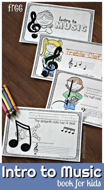 FREE Introduction to Music Book for Kids - LOVE this! Kids will trace key terminology, color pictures, practice making notes, and learn about music. This is a great for beginning music theory with preschool, kindergarten, 1st grade, 2nd grade #music #musictheory #musicforkids #homeschool #freeprintable #elementary Intro-to-Music-Music-Theory-for-Kids
