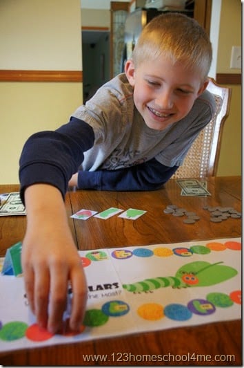 Hungry Caterpillars Money Game 123 Homeschool 4 Me - money practice for 1st grade 2nd grade and 3rd grade students