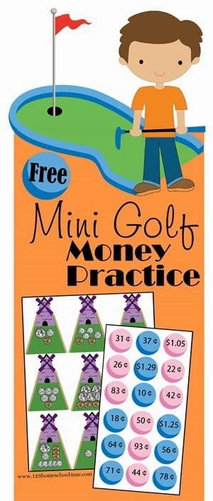 FREE Mini Golf Money Practice - this fun money games for kids is such a fun math game for Kindergarten, 1st grade, and 2nd grade kids. #moneygames #mathgames #homeschooling