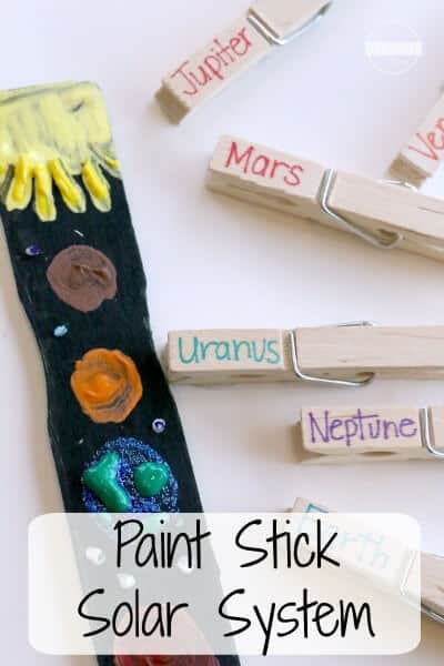 Explore the solar system for kids with this super cute paint stick solar system project.  Your child will love this out-of-this world easy solar system project that is both a solar system craft and a solar system activity at the same time. Use this solar system planets project to aid in learning the names and order of the planets. This solar system project ideas is a perfect hands-on science activity for your preschool, pre-k, kindergarten, first grade, 2nd grade, and 3rd grade students.