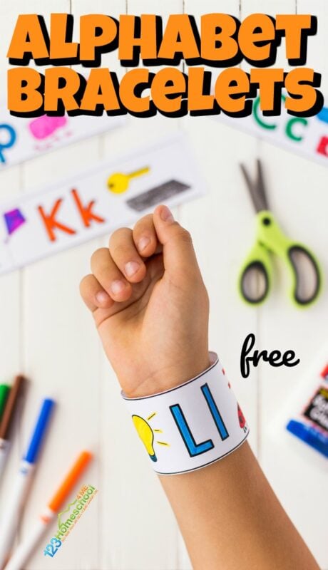 If your children are working on learning their alphabet letters, they are going to love these super cute, free printable, Printable Alphabet Bracelets. This alphabet printable is a handy resource for toddler, preschool, pre k, and kindergarten students learning their ABCs. Simply print template, color the pictures with the featured beginning letter, and listen for the same beginning sound. This ABC printable is a great resource for a letter of the week program!