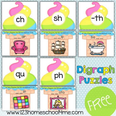 These delicious ice cream cones make practicing matching digraphs fun! Grab these FREE Digraph Ice Cream Puzzles here! Great for early elementary kids.