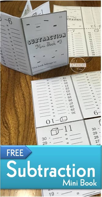 FREE Subtraction mini book - this clever math printable is way better than your run-of-the-mill subtraction worksheets! Students complete worksheet, fold, and make a cute mini book for quick reference. This is such a fun way for kids to gain math fluency while getting in subtraction practice. #mathworksheets #firstgrade #subtraction