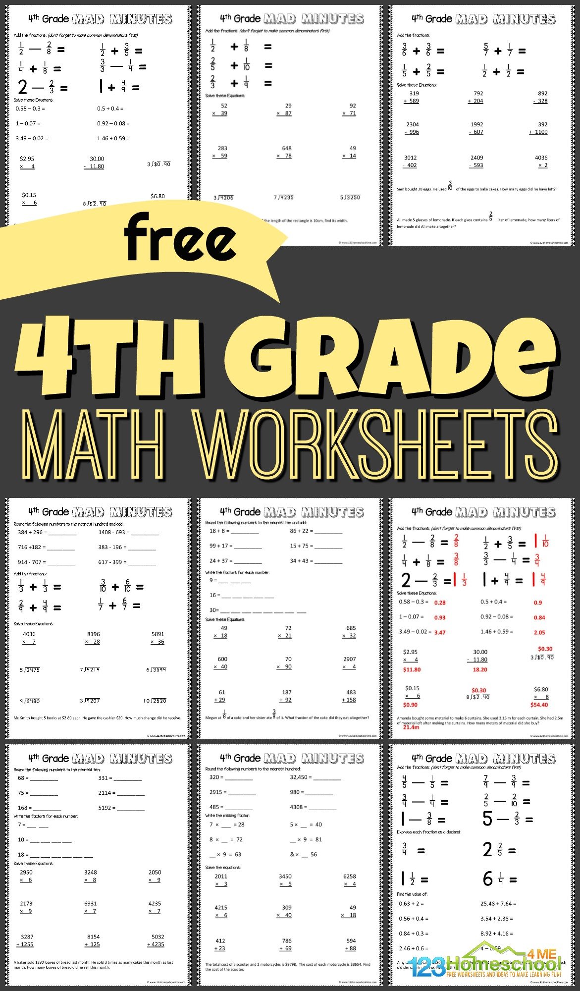 Help your kids get extra 4th grade math practice with these handy 4th Grade Math Worksheets. These free printable 4th grade worksheets are no-prep, simply print the 4th grade math worksheets - pdf and you area raedy for some practice using them as grade 4 math worksheets or 4th grade Mad Minutes! These fourth grade math worksheets are perfect for summer learning, math centers, and extra practice with 4th grade math problems to help kids gain math fluency in fourth grade. Simply print free 4th grade math worksheets  and you are ready to go; answer keys included!