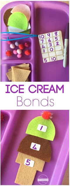 Ice Cream Number Bonds - this is such a fun, clever, hands on math activity to help preschool, prek, kindergarten, first grade, and second grade kids start to grasp number bonds (addition, subtraction). Fun for summer learning, math centers, and homeschooling. Ice Cream Number Bonds - this is such a fun, clever, hands on math activity to help preschool, prek, kindergarten, first grade, and second grade kids start to grasp number bonds (addition, subtraction). Fun for summer learning, math centers, and homeschooling.