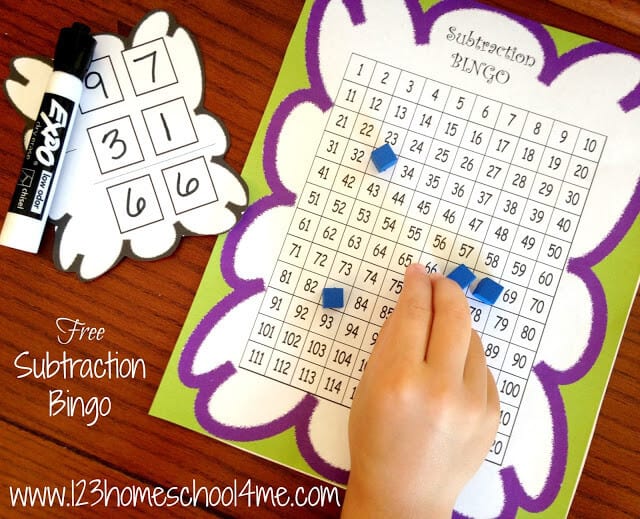 Use this hundreds chart he playing card for this subtraction bingo math game for 1st grade, 2nd grade, and 3rd grade students.