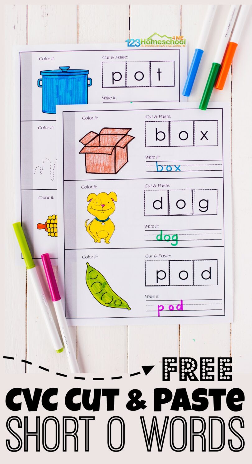 FREE Printable Short o CVC Words Cut and Paste Worksheets