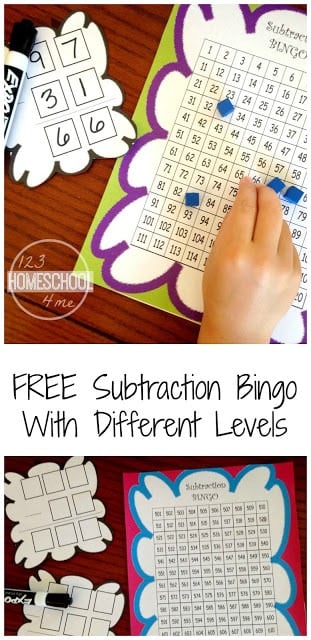 FREE Subtraction Bingo - this is such af fun, no prep, and FREE math game with different levels for first grade, 2nd grade, and 3rd grade students. Perfect subtraction game to make learning minus fun #2ndgrade #subtraction #mathgame #homeschool