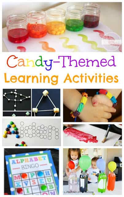 LOTS of Candy Activities for kids ideas! Perfect for making learning FUN, using up extra HALLOWEEN candy, or celebrating National Candy Day November 4th. Ideas for preschool, prek, kindergarten, first grade, 2nd grade, and more #candyactivities #kidsactivities #nationalcandyday