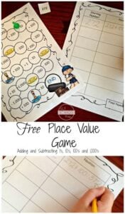 FREE Printable Place Value Game - this pirate themed math game is afun way for teaching place value to 1st grade, 2nd grade, and 3rd grade students. This place value practice helps students use mental math to add by tens, hundreds, and thousands. Perfect for math centers, extra practice, and summer learning for grade 1 math, grade 2 math, grade 3 math. #placevalue #freemathgame #education #1stgrade #2ndgrade #3rdgrade #homeschooling