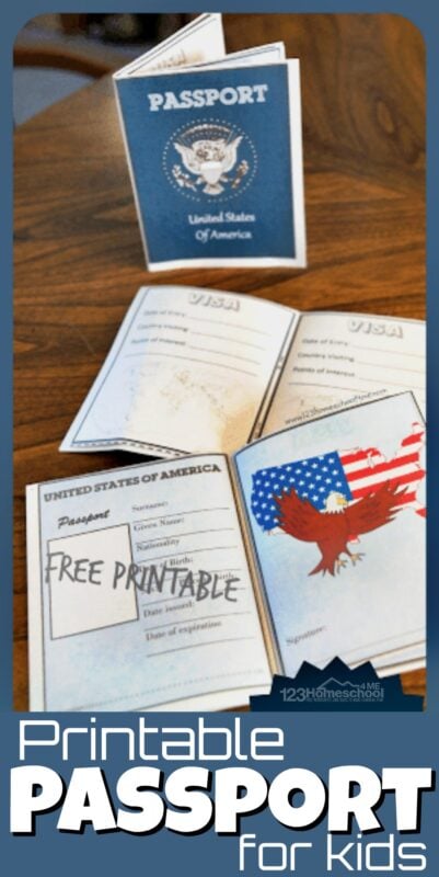 Make geography come alive by using these free printable passport for kids. Childrne can pretend like they are traveling all around the world as they study and learn about other countries while keeping a record of where they've been. This free printable passport activity is fun for toddler, preschool, pre-k, kindergarten, first grade, 2nd grade, 3rd grade, and 4th grade students. Inside their passport for kids they can put their picture, personal information, signarure, and informatin about the countries they travel to. Simply download pdf the free printable passport for kids file and you are ready to go around the world!