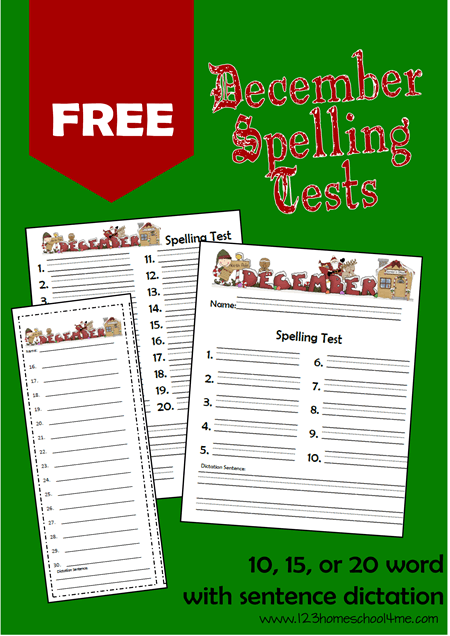 This handy christmas spelling test paper is perfect for making learning fun in December with first grade, 2nd grade, 3rd grade, 4th grade, 5th grade, and 6th grade students.  This free pack of Christmas printables work with christmas spelling words and any spelling words list and contain options for 10, 15, or 20 words with or without dictation. Simply download and print the christmas spelling test template pdf file to get started.