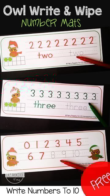 FREE Owl Write & Wipe Number Mats - free printable writing numbers practice 1-10 with a Christmas theme for kindergarten and preschool. These are better than Christmas worksheets because they are reusable to make them a fun activities for kids. I love that they are LOW PREP and reusable! FREE Owl Write & Wipe Number Mats - free printable writing numbers practice 1-10 with a Christmas theme for kindergarten and preschool. These are better than Christmas worksheets because they are reusable to make them a fun activities for kids. I love that they are LOW PREP and reusable!