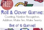 Make learning fun by using math games to teach kids necessary math skills. They not only keep kids engaged, but playing games teaches math concepts just as easily as completing a free math worksheet. This free printable cover that number dice game helps teach preschool, pre k, and kindergarten students about number sense, counting, and number recognition!