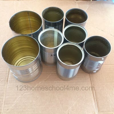 Two sizes of cans to make pulleys Two sizes of cans to make pulleys