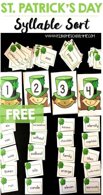 FREE St Patricks Day Syllable Sort - this is such a fun way for kindergarten, 1st grade, and 2nd grade kids to practice identifying 1-4 syllables. (homeschool, st. patricks day centers) FREE St Patricks Day Syllable Sort - this is such a fun way for kindergarten, 1st grade, and 2nd grade kids to practice identifying 1-4 syllables. (homeschool, st. patricks day centers)