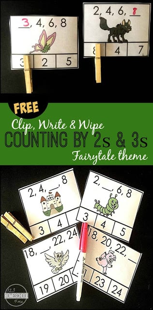 FREE Counting by 2s and Counting by 3s Clip, Write & Wipe cards with a fun fairy tale theme. These are great hands on math to help prek, kindergarten, and first grade practice skip counting in a FUN way. (homeschool, math centers) FREE Counting by 2s and Counting by 3s Clip, Write & Wipe cards with a fun fairy tale theme. These are great hands on math to help prek, kindergarten, and first grade practice skip counting in a FUN way. (homeschool, math centers)