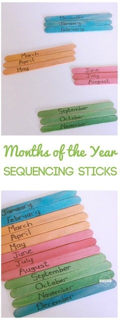 Help preschool, pre k, kindergarten, and grade 1 learn the months of the year in order with this fun, hands on Months of the Year Activity using sequencing sticks!