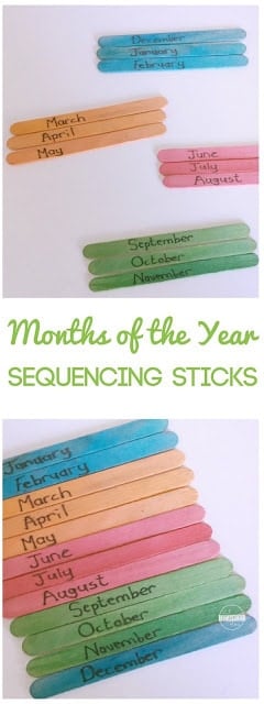 Help preschool, pre k, kindergarten, and grade 1 learn the months of the year in order with this fun, hands on Months of the Year Activity using sequencing sticks! 