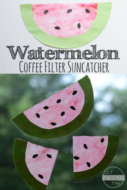 Suncatcher Watermelon Craft - this is such a cute watermelon craft for kids for kids of all ages; perfect summer craft for kids #craftsforkids #summercrafts #preschoolcrafts