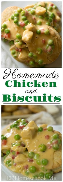 Creamed Chicken over Biscuits is one of our families favorite recipes. It is easy, 30 minutes meal that tastes fantastic. So creamy and way better than Grandma made! Creamed Chicken over Biscuits is one of our families favorite recipes. It is easy, 30 minutes meal that tastes fantastic. So creamy and way better than Grandma made!