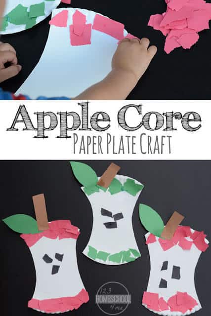 Kids will have fun celebrating September with this super cute and easy apple craft for toddlers, preschoolers, and kindergartners. This paper plate apple core craft helps improve fine motor skills and makes a fun activity for an apple theme.