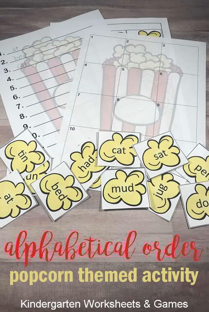 FREE Popcorn Alphabetical Order Activity - this fun, hands on alphabetizing activity includes worksheets and is such a fun printable to help kids practice this important skill. This makes such a fun center, extra practice, homeschool, and more for kindergarten, first grade, and 2nd grade students FREE Popcorn Alphabetical Order Activity - this fun, hands on alphabetizing activity includes worksheets and is such a fun printable to help kids practice this important skill. This makes such a fun center, extra practice, homeschool, and more for kindergarten, first grade, and 2nd grade students