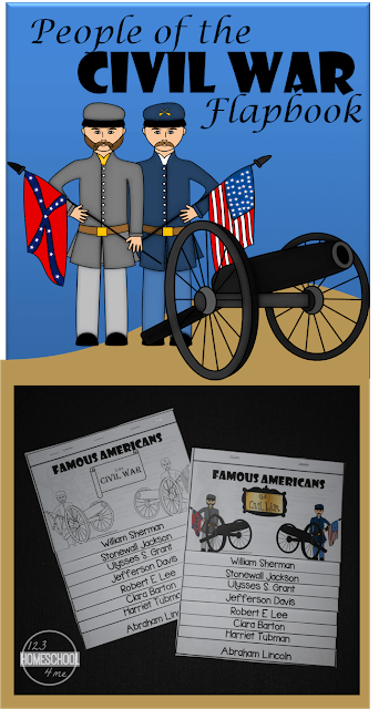FREE People of the Civil War Flapbook - This is such a cute free printable to help kids from 3rd grdae, 4th grade, 5th grade, 6th grade, 7th grade, and 8th grade kids to learn about famous americans like William Sherman, Stonewall Jackson, Ulysses S. Grant, Jefferson Davis, Robert E. Lee, Clara Barton, Harriet Tubman, and Abraham Lincoln. FREE People of the Civil War Flapbook - This is such a cute free printable to help kids from 3rd grdae, 4th grade, 5th grade, 6th grade, 7th grade, and 8th grade kids to learn about famous americans like William Sherman, Stonewall Jackson, Ulysses S. Grant, Jefferson Davis, Robert E. Lee, Clara Barton, Harriet Tubman, and Abraham Lincoln.