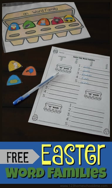 FREE Easter Word Families - fun hands on activity plus word family worksheet for kids from preschool, kindergarten, and first grade kids. This is perfect for learning about 15 word families (3 from each vowel) with a fun easter center, extra practice, spring homework FREE Easter Word Families - fun hands on activity plus word family worksheet for kids from preschool, kindergarten, and first grade kids. This is perfect for learning about 15 word families (3 from each vowel) with a fun easter center, extra practice, spring homework