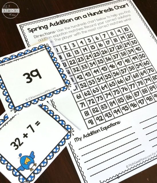 Spring Addition Game with Hundreds Chart Spring Addition Game with Hundreds Chart