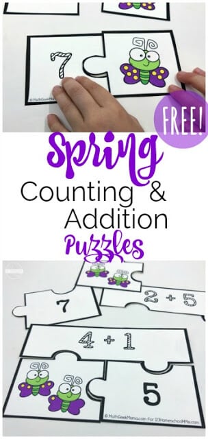 FREE Spring Counting & Addition Puzzles - these super cute free printable math game for preschool, kindergarten, and first grade kids to practice counting and addition. This fun number recognition activity is great for spring break, summer learning, hands on educational activity, hands on math, match centers, and more. FREE Spring Counting & Addition Puzzles - these super cute free printable math game for preschool, kindergarten, and first grade kids to practice counting and addition. This fun number recognition activity is great for spring break, summer learning, hands on educational activity, hands on math, match centers, and more.