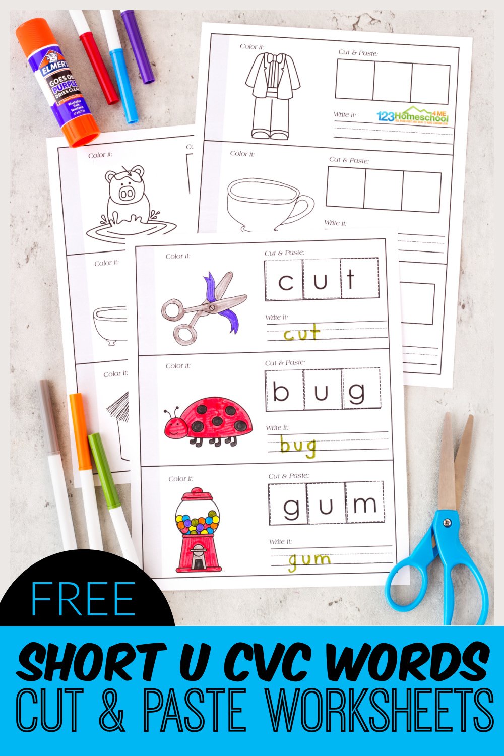 free short u cvc words activity cut and paste worksheets
