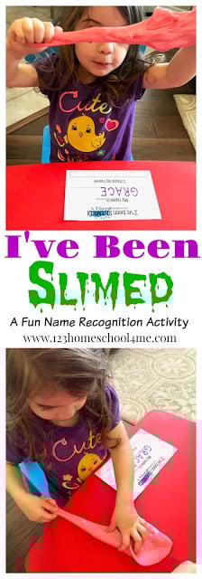 Slime Name Recognition Activity - this fun slime activity is such a fun way for toddler, preschool, and kindergarten. Includes slime recipe, printable name writing practice, and lots of clever hands on FUN! name-recognition-slime-activity-school-toddler-preschool-kindergarten-printable
