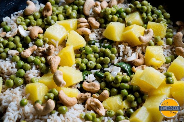 add pineapple, peas, rice, and cashews and cook thoroughly add pineapple, peas, rice, and cashews and cook thoroughly