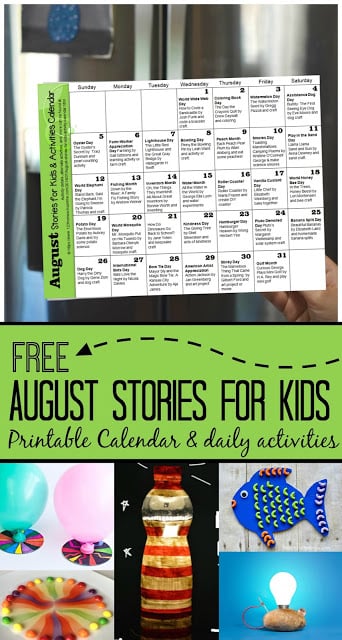 FREE August Stories for Kids & printable Activity Calendar - fun august summer themes and specials days with book recommendations for families to read picture books together with fun, creative, and unique kids activities. Fish, lighthouse, potatoes, golfing, watermelon, and more. August-Stories-for-Kids-and-Printable-Activity-Calendar