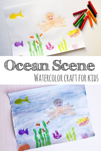 Watercolor and Crayon Ocean Craft - this is such a simple technique that is easy for toddler, preschool, kindergarten, first grade, 2nd grade, 3rd grade, 4th grade, adn 5th grade kids to try. It is such a fun under the sea craft perfect for summer. Watercolor-and-Crayons-Ocean-Craft
