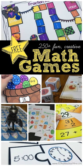 FREE Math Games - over 250 fun, creative, free printable math games for preschool, kindergarten, first grade, 2nd grade, 3rd grade, 4th grade, 5th grade, and 6th grade kids to practice counting, addition, subtraction, multiplication, division, counting money, fractions, telling time, shapes, and so much more!! math-games