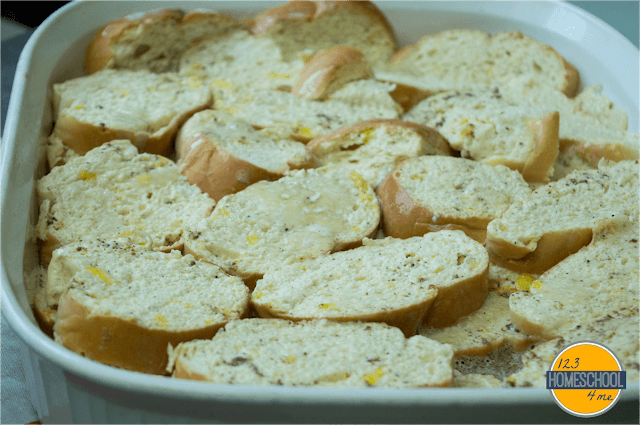 pour milk and egg mixture over bread slices in casserole dish pour milk and egg mixture over bread slices in casserole dish