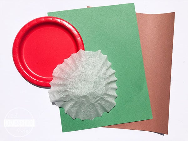 red paper plate, coffee filter, green and brown construction paper, scissors and glue or tape red paper plate, coffee filter, green and brown construction paper, scissors and glue or tape