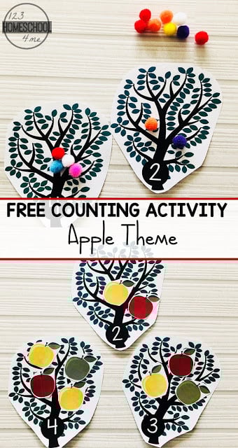 FREE Apple Tree Counting Activity for Preschoolers - kids will have fun practicing counting as they add apples to the trees in this clever, fall themed counting activity for preschool, prek, and kindergarten age kids #counting #fall #preschool #prek #kindergarten Apple-Tree-Counting-Activity-for-Preschoolers