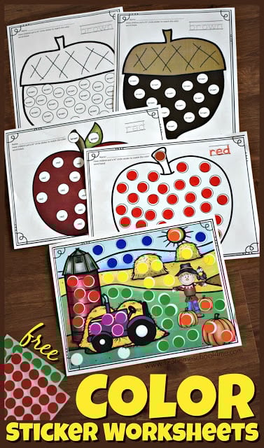 FREE Fall Color Sticker Worksheets - these free printable sheets are NO PREP! Use them in color or black and white, help kids to learn and recognize color words, are loads of fun for kids, and are great for strengthening fine motor skills. #colorwords #worksheets #freeprintable #toddler #preschool #kindergarten #circlestickers #bingomarkers free-printable-color-sticker-worksheets-toddler-preschool-kindergarten