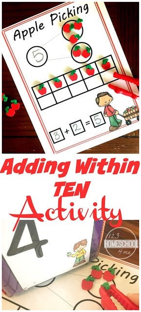 Make working on addition within 10 fun with apple math! This fun, free printable, number bonds activities is a great way for preschool, pre-k, and kindergarten age students to practice visually adding to 10. Use this apple activity for kids in your September apple theme or as extra practice at school or at home. Simply print apple printables and you are ready to play and learn!