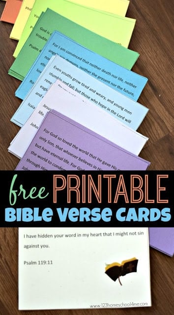 Helping kids learn to memorize scripture is important and these printable bible verses will make it easy and low prep! Pick a verse a week from these free printable bible verses and read it out loud 3-5 times (or more) daily. By the end of the week you will have hidden God's Word in yoru heart. Then start working on a new and review bible verse cards every week to keep the memorized scripture fresh.  Simply print free printable bible verses pdf and you are ready to learn and review!