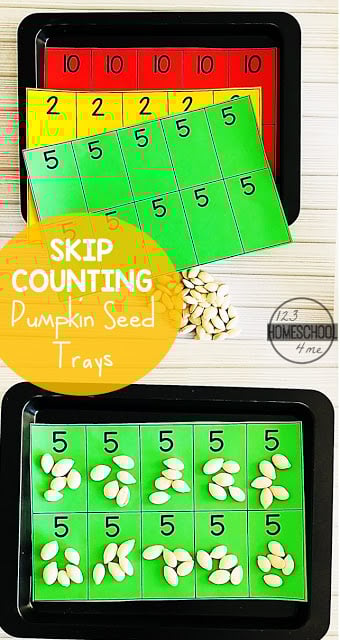 Skip Counting - Pumpkin Seed Trays Pumpkin Seed Skip Counting - this fun, free printable skip counting activity is a fun way for kindergarten and first grade kids to practice counting by 2s, 5s, and 10s. Fall themed math center #mathcenter #skipcounting #countingby2s #countinbby5s #coundingby10s #kindergarten #math #firstgrade #pumpikinactivity