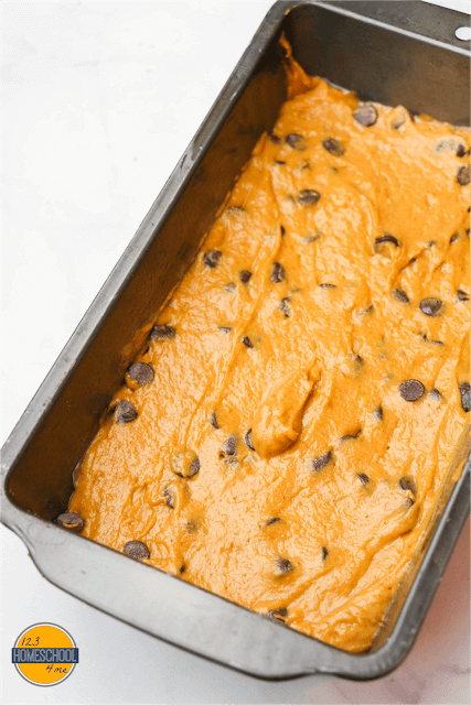 Stir the chocolate chips into the remaining pumpkin batter and put in prepared loaf pan Stir the chocolate chips into the remaining pumpkin batter and put in prepared loaf pan