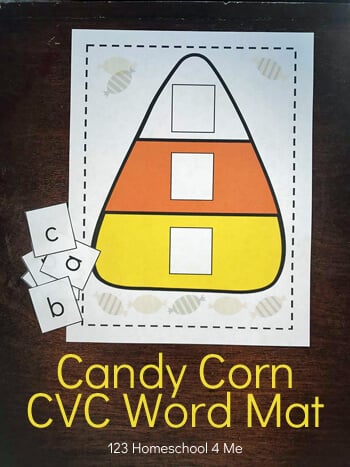 FREE Candy Corn Sight Words Activity - this is such a fun, clever, free printable fall themed CVC Words activity to helper preschool, kindergarten, and first grade kids practice #cvcwords #sightwords #candycorn #free #preschool #kindergarten #firstgrade free-printable-Candy-Corn-CVC-sight-words-Mat